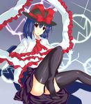  black_legwear blue_hair cube_(circussion) electricity frills garter_straps hat nagae_iku red_eyes shawl sitting skirt solo thighhighs touhou 