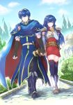  1boy 1girl belt black_gloves blue_eyes blue_hair blue_sky breastplate bush cape castle cloud day dress elbow_gloves eyes_closed falchion_(fire_emblem) fingerless_gloves fire_emblem fire_emblem:_monshou_no_nazo gloves hand_holding long_hair marth nintendo outdoors qumaoto scabbard sheath sheathed sheeda short_dress short_hair shoulder_armor sky sword thighhighs tiara weapon white_gloves 