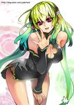  bare_shoulders breasts cavalier_of_the_abyss cleavage detached_sleeves earrings green_hair hair_ornament hips jewelry juder large_breasts leaning_forward long_hair no_panties pointy_ears red_eyes smile solo yuan_(cavalier_of_the_abyss) 