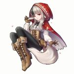  1girl animal_ears artist_name black_hair black_legwear boots brown_gloves closed_mouth fire_emblem fire_emblem_if full_body gloves grey_hair high_heel_boots high_heels highres hood hood_up long_sleeves multicolored_hair nintendo pouch red_eyes simple_background solo streaked_hair tail velour_(fire_emblem_if) white_background wolf_ears wolf_tail zedoraart 