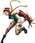  beret blonde_hair blue_eyes braid cammy_white camouflage fingerless_gloves gloves green_leotard hat highres leotard long_hair muscle muscular_female official_art simple_background solo street_fighter street_fighter_x_tekken twin_braids white_background 