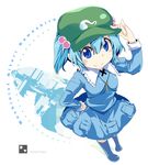  adjusting_clothes adjusting_hat blue_eyes blue_hair boots hair_bobbles hair_ornament hand_on_headwear hat kawashiro_nitori key maturiuta_sorato rubber_boots solo touhou two_side_up 