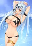  :p alice_(queen's_gate) armpits arms_up bikini blue_hair blush breasts cleavage cloud day highres large_breasts long_hair navel older queen's_gate red_eyes shuugetsu_karasu sky solo swimsuit thigh_strap tongue tongue_out very_long_hair water 