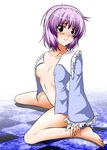  areolae bad_id bad_pixiv_id barefoot black_eyes blush bottomless breasts checkered checkered_floor covered_nipples frills frown komeiji_satori medium_breasts open_clothes open_shirt purple_hair shirt sitting solo touhou wariza yua_(checkmate) 