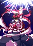  arm_up ascot bow energy_ball hat hat_bow highres iwanori nagae_iku open_mouth pointing pointing_up purple_hair red_eyes ribbon saturday_night_fever serious shawl short_hair skirt solo touhou 