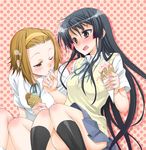  akiyama_mio black_hair blush brown_hair food hairband ice_cream k-on! licking long_hair multiple_girls one_eye_closed school_uniform short_hair socks sweater_vest tainaka_ritsu takano_saku uniform yuri 