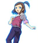  blue_eyes braid brown_hair denim glowing glowing_eyes hair_ornament hairclip jeans kaburagi_kaede man_dam one_side_up pants side_ponytail simple_background solo spoilers tiger_&amp;_bunny vest white_background 
