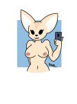  2018 aggressive_retsuko anthro breasts canine female fennec fenneko fox fur looking_at_viewer mammal nipples nude paylode phone selfie simple_background smile 