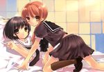  bed_sheet brown_eyes brown_hair character_request copyright_request highres itou_noiji lying multiple_girls school_uniform serafuku short_hair skirt 