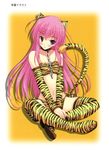  1girl amane_soh animal_ears blush chains character_request collar copyright_request highres long_hair midriff navel pink_hair purple_eyes sitting solo tail thighhighs tiger_print 
