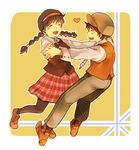  1girl :d blush braid brown_hair closed_eyes couple dancing hairband happy hat heart hetero holding_hands honoboooono necktie open_mouth pantyhose pazu sheeta smile tenkuu_no_shiro_laputa twin_braids union_jack 