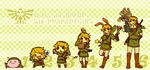  6+boys age_progression animal_ears bandaid blonde_hair blue_eyes bow_(weapon) bunny_ears compass copy_ability earrings food gloves grin hat helmet highres ice_cream imp jewelry kirby kirby_(series) link midna motimamire multiple_boys ooccoo red_eyes smile sword the_legend_of_zelda the_legend_of_zelda:_twilight_princess weapon 