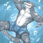  barazoku beau big_muscles black_sclera bubble bubbles buff clothing fish gills grin looking_at_viewer male marine muscles shark sharp_teeth shorts solo spreading stripes teeth topless water yellow_eyes 