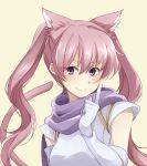  1girl animal_ears cat_ears cat_tail closed_mouth elbow_gloves fire_emblem fire_emblem:_rekka_no_ken gloves highres long_hair mememefe nintendo pink_hair purple_eyes serra simple_background smile solo tail twintails upper_body white_gloves 