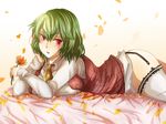  ascot ass bad_id bad_pixiv_id blush bottomless breast_rest breasts flower garter_straps green_hair kazami_yuuka large_breasts lying on_stomach petals plaid plaid_vest red_eyes seo_(xxkitoxx) shirt short_hair solo thighhighs touhou vest white_legwear 