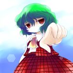  ascot chibi dress_shirt fingernails green_hair highres kazami_yuuka plaid plaid_skirt plaid_vest red_eyes shirt short_hair skirt skirt_set solo touhou vest yume_shokunin 