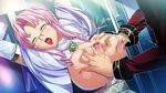  1girl blush breast_grab breast_squeeze breasts emeraria eyes_closed game_cg glasses grabbing huge_breasts indoors kyonyuu_fantasy kyonyuu_fantasy_gaiden lactation large_breasts male_hand naughty_face nipples open_mouth pink_hair saliva tongue waffle 
