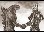  bad_pixiv_id godzilla godzilla_(series) handshake jet_jaguar kaijuu kusagami_style letterboxed lowres monochrome no_humans 