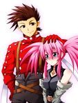  1girl blue_eyes blush brown_hair couple elbow_gloves gloves height_difference hetero highres lloyd_irving petting pink_hair presea_combatir red_shirt shangorilla shirt smile tales_of_(series) tales_of_symphonia twintails 