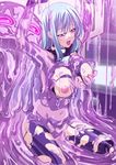  1girl blue_hair breast_grab breasts dissolving_clothes girl_on_top grabbing kuro_shichi large_breasts monster nipples open_mouth purple_eyes rape restrained reverse_cowgirl_position saliva sex slime straddling tongue tongue_out torn_clothes vaginal vore 