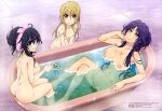  3girls alternate_hairstyle ass bare_arms bare_back bare_shoulders barefoot bath bathing bathtub black_hair blue_eyes breast_squeeze breasts butt_crack embarrassed goshouin_kyou high_ponytail large_breasts long_hair looking_at_viewer looking_back multiple_girls netoge_no_yome_wa_onna_no_ko_janai_to_omotta? nipples orange_eyes ponytail purple_hair segawa_akane shiny shiny_skin small_breasts tamaki_ako tied_hair wet wet_hair 