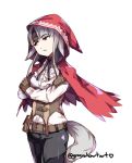  1girl animal_ears belt black_hair brown_gloves crossed_arms fire_emblem fire_emblem_if gloves graysheartart grey_hair hood hood_up long_sleeves multicolored_hair nintendo parted_lips red_eyes simple_background solo streaked_hair tail twitter_username velour_(fire_emblem_if) white_background wolf_ears wolf_tail 