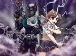  2boys absurdres belt cell_medal crossover electricity gun highres junk_yummy kamen_rider kamen_rider_birth kamen_rider_blade_(series) kamen_rider_garren kamen_rider_ooo_(series) misaka_mikoto multiple_boys o_medal tarisa to_aru_majutsu_no_index weapon 