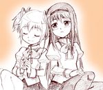  2girls akemi_homura digital_media_player hairband hikari. hikari_(mitsu_honey) homura_akemi kaname_madoka mahou_shoujo_madoka_magica monochrome multiple_girls pantyhose yuri 