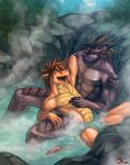  anthro arms_behind_head bathing biceps brown_hair buff claws couple dragon duo eyes_closed fangs flexing gay gripping hair holding horn hot_spring kuron lying male muscles nipples nude on_back open_mouth pecs pose raygon rock scales scalie sitting spring steam sweat tongue toorak water wet yellow_eyes 