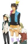  2boys alternate_hairstyle bad_id bad_pixiv_id barnaby_brooks_jr belt blonde_hair blue_eyes bow brown_eyes brown_hair cabbie_hat cosplay costume_switch cropped_jacket facial_hair father_and_daughter hair_bow hair_ornament hairclip hat ito_(e10_e10) jacket jewelry kaburagi_kaede kaburagi_t_kotetsu multiple_boys necklace necktie ponytail red_jacket short_hair shorts side_ponytail striped striped_legwear stubble studded_belt thighhighs tiger_&amp;_bunny waistcoat 