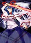  blue_hair cube_(circussion) frills hat highres nagae_iku red_eyes solo sword touhou weapon 