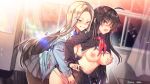  2girls black_hair blonde_hair blue_eyes blush breast_grab breasts long_hair maett navel nipples panties pantyhose red_eyes seifuku shirt_lift skirt soul_worker tagme_(character) underwear wink yuri 