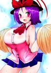  blush breasts cheerleader han_(jackpot) hat huge_breasts miniskirt nagae_iku purple_eyes purple_hair skirt solo sweat touhou 