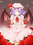  bat_wings blue_hair bow flower hat hat_bow highres one_eye_closed red_eyes red_flower red_rose remilia_scarlet rose short_hair solo touhou wings wrist_cuffs 