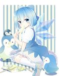  &gt;_&lt; arm_support bad_id bad_pixiv_id between_legs bird blue_eyes blue_hair blush bow chibi cirno closed_eyes dress dress_shirt fang food hair_bow hand_between_legs highres ice ice_cream isk kneehighs mary_janes open_mouth package penguin popsicle puffy_sleeves shirt shoes short_hair sitting solo striped striped_background touhou wariza white_legwear wings 