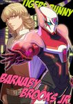  barnaby_brooks_jr blonde_hair dual_persona enmto glasses glowing green_eyes jacket jewelry male_focus multiple_boys necklace neon_trim outstretched_arm red_jacket superhero tiger_&amp;_bunny 