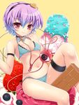  bare_shoulders bikini choker eyeball food fruit hairband hanao_(kuma-tan_flash!) heart ice_cream in_food komeiji_satori minigirl navel pink_eyes purple_hair short_hair simple_background sitting smile solo strawberry sundae swimsuit third_eye touhou 