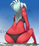  absurdres ass black_bra black_panties bra butt_crush crushing demon demon_girl giantess glasses highres kneehighs kneesocks_(psg) lingerie panties panty_&amp;_stocking_with_garterbelt red_skin solo terada_ochiko underwear underwear_only 