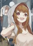  2girls after_shower bangs bottomless breasts brown_hair drying drying_hair expressionless girls_frontline grey_shirt hair_ornament hair_over_one_eye hairclip long_hair looking_at_viewer medium_breasts multiple_girls open_mouth purple_eyes scar scar_across_eye shirt standing star star-shaped_pupils symbol-shaped_pupils towel ump45_(girls_frontline) ump9_(girls_frontline) vicious_kage yellow_eyes 