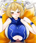  blonde_hair blush breasts censored han64 han_(jackpot) hat huge_breasts multiple_tails paizuri paizuri_under_clothes penis penis_under_clothes tail touhou underboob yakumo_ran 