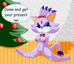  &gt;w&lt; amber_eyes blaze_the_cat breasts broken_legs cat chaossabre christmas christmas_tree dialog dialogue feline female gift holidays mammal nipples nude one_eye_closed pussy red_nipples ribbons sega solo sonic_(series) tail text tongue tongue_out tree wink wood xmas 