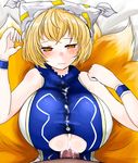  blonde_hair blush breasts censored cum cum_in_clothes cum_on_body cum_on_breasts cum_on_clothes cum_on_upper_body fox_tail han64 han_(jackpot) hat huge_breasts lying multiple_tails on_back paizuri paizuri_under_clothes penis penis_under_clothes pubic_hair short_hair sweat tail tears touhou underboob wristband yakumo_ran yellow_eyes 