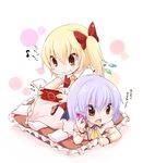  bad_id bad_pixiv_id bat_wings blonde_hair blush bow cellphone chibi fang flandre_scarlet frilled_pillow frills hair_bow handheld_game_console lavender_hair multiple_girls no_hat no_headwear open_mouth phone pillow playing_games playstation_portable red_eyes remilia_scarlet short_hair siblings side_ponytail sisters smile socks touhou translated wings yukiu_kon 
