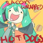 1girl artist_request bacon bad_id bad_link bad_tumblr_id bare_shoulders black_sleeves blush_stickers chibi collared_shirt detached_sleeves eating english food green_hair green_neckwear grey_shirt happy hatsune_miku headphones hot_dog long_hair long_sleeves necktie neon_trim no_nose open_mouth outstretched_arms shirt sketch solid_circle_eyes solo sunburst tongue toyota twintails upper_body very_long_hair vocaloid wide_sleeves wing_collar 