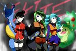  ace_trainer_(pokemon) bad_id bad_pixiv_id black_eyes black_hair blue_eyes blue_hair drill_hair english gen_2_pokemon gen_4_pokemon gen_5_pokemon green_hair hair_bun kingdra long_hair luxray monster multiple_girls necktie nintendo pantyhose pokemon pokemon_(creature) pokemon_(game) pokemon_bw pokemon_gsc reuniclus shorts skirt thighhighs twin_drills twintails vest yuuichi_(reductionblack) 