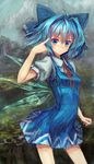  blue_eyes blue_hair bow cirno dress hair_bow highres lm7_(op-center) pointing revision short_hair solo touhou wings 