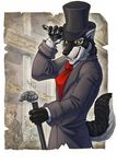  anthro black_fur black_nose black_pawpads cane canine classy claws clothing fox fur hat hibbary looking_at_viewer male mammal pawpads sceptre solo suit tail tongue top_hat white_fur wolf yellow_eyes 