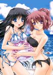  3girls absurdres ass ball bandeau bandeau_bikini bare_shoulders beach beachball bikini black_hair blue_eyes blush breasts butt_crack cleavage female long_hair multiple_girls ponytail purple_eyes red_hair ryuuga_shou short_hair side-tie_bikini sky strapless strapless_bikini strapless_swimsuit string_bikini swimming swimsuit tsurugi_no_mai! tubetop very_long_hair water yuri 