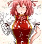  bandaged_arm bandages blush bouncing_breasts breasts bun_cover chinese_clothes closed_eyes double_bun finger_wagging flower hand_on_hip ibaraki_kasen large_breasts open_mouth pink_flower pink_hair pink_rose poshi_(ginmokusei) rose scolding short_hair short_sleeves solo tabard touhou upper_body 