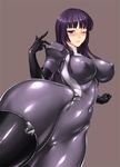  black_gloves blush bodysuit breasts cameltoe covered_nipples elbow_gloves gloves hips impossible_clothes kamori_sayaka large_breasts long_hair navel one_eye_closed original purple_eyes purple_hair rindou_(radical_dream) simple_background skin_tight solo thighhighs wide_hips 